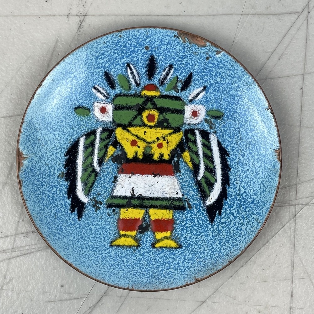 Vintage Kachina Doll Plate Dish‎ Dancer Enamel Copper Native American Southwest